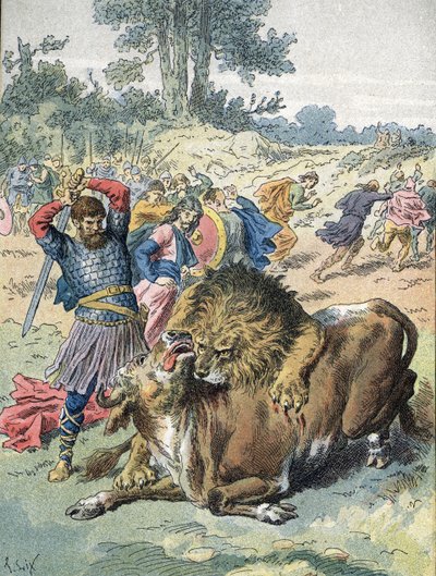 Pepin the Brief slåss mot ett lejon och en tjur på Champ de Mars för att bevisa sitt mod (751) av Unbekannter Künstler