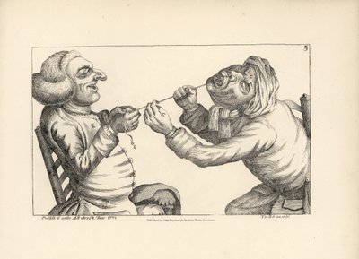 Läkare skrattar när han drar ut en patients tand med ett snöre. Kopparstick efter en satirisk illustration av Timothy Bobbin (John Collier) (1708-1786) från Human Passions Delineated, John Haywood, Manchester av Unbekannter Künstler
