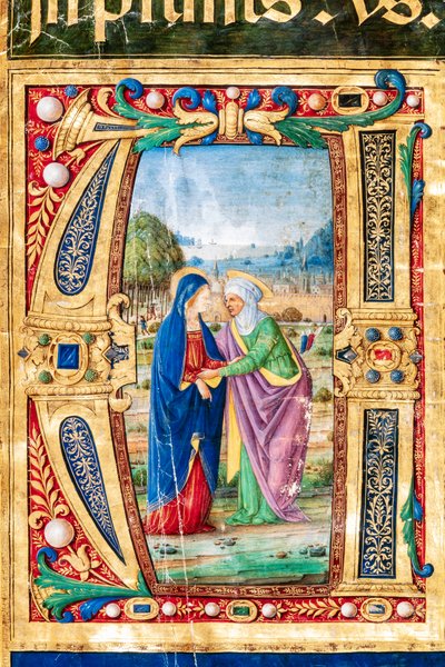 Piccolomini bibliotek: Körbok, torsk. 14.P., ff. 2r med "The Visitation of Mary and St. Mary". Elizabeth, av Giovanni di Giuliano Boccardi, känd som Boccardino den äldre. Detalj. av Unbekannter Künstler