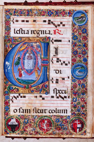 Piccolomini bibliotek: Körbok, torsk. 15.Q., ff. 64r med "Jungfruns antagande", av Guidoccio Cozzarelli och Bernardino Cignoni. av Unbekannter Künstler