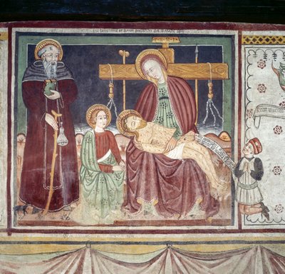 Pieta med St Anthony Abbot, fresk, Homo Salvadego museum, Sacco, Cosio Valtellino, Lombardiet, Italien av Benjamin Baud