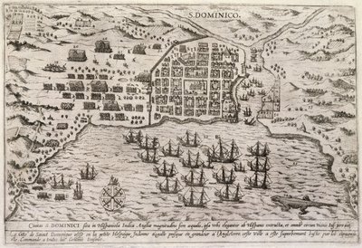 Plan för Drakes attack mot Santo Domingo, ca 1595 (gravyr) av Unbekannter Künstler