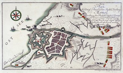 Plan över Memel (nuvarande Klaipeda, Litauen), under stadens kapitulation, 27 juni-5 juli 1757. Etsning av vatten i 1764 års färger. av Unbekannter Künstler