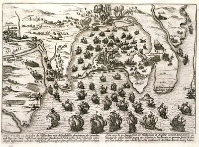 Plan över hamnen i Cadiz 1596 vid tiden för attacken av Sir Walter Raleigh (gravyr) av Unbekannter Künstler