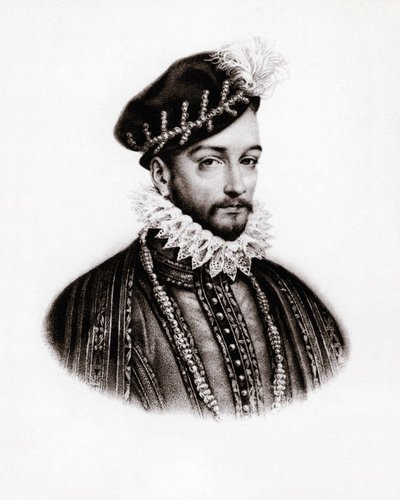 Porträtt av Karl IX (1560-1574), kung av Frankrike, gravyr, sd. av Unbekannter Künstler