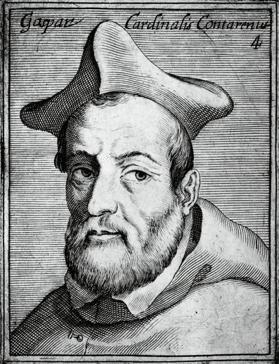 Porträtt av Gasparo Contarini (1483-1542), italiensk kardinal och biskop, gravyr från de mest berömda ikonerna av all dygd och vetenskap, av Claudius Pernetus av William M. Timlin