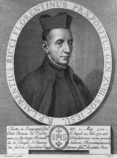 Porträtt av Lorenzo Ricci (1703-1775), italiensk jesuit och 18:e överordnade generalen för Jesu Society, gravyr av William M. Timlin