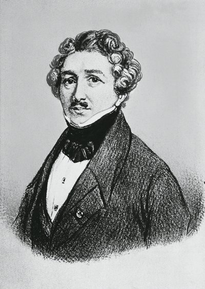 Porträtt av Louis-Jacques-Mande Daguerre (1787-1851), fransk konstnär, fysiker och kemist, känd för sin uppfinning av fotoprocessen daguerreotypi av William M. Timlin