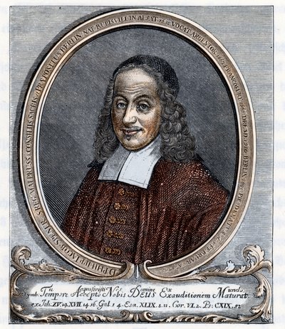 Porträtt av Philipp Jacob Spener (Philippe Jacques Spener) (1635-1705) Luthersk teolog, grundare av pietismen (pietismen) Gravyr från "Germania" av Johannes Scherr 1880 Privat samling av Unbekannter Künstler