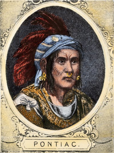 Porträtt av Pontiac (eller Obwandiyag, ca 1714-1769), hövding för Outaouais-indianernas stam i Detroit (Ottawa-nationen). Färggravyr från 1800-talet. av Unbekannter Künstler