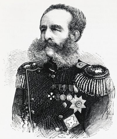 Porträtt av prins Dmitrij Ivanovitj Sviatopolk-Mirsky (1825-1899), rysk general, gravyr av William M. Timlin