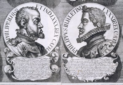 Porträtt av Filip II och Filip III av Spanien (litho) av Unbekannt
