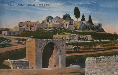 Vykort som föreställer Shaykh Abu Bakr-moskén i Aleppo, Syrien, ca 1920 (fotolito i färg) av Unbekannt
