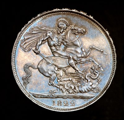Sällsynt brittiskt mynt, Kung George IV, Proof Silver Crown, Englands skyddshelgon till häst med svärd på väg att dräpa draken, präglat av Bernedetto Pistrucci av Unbekannter Künstler