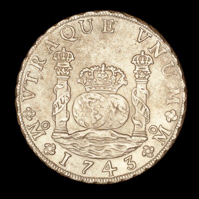 Sällsynt silvermynt, Spansk Amerika Kung Ferdinand VI, 8 Reale, Herkules pelare på Gibraltasundet med glober, krona av Unbekannter Künstler
