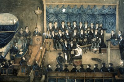 Mottagning av en murare i en loge, ca 1820 (akvarell) av Unbekannter Künstler