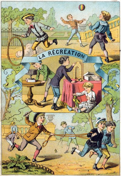 Rekreation på skolgården. Gravyr i "Alphabet des petits ecoliers". Avbildning av Epinal, cirka 1885. Privee Collection av Unbekannt
