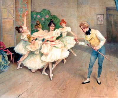 Probe einer Aufführung, Lehrer und Ballerinas hinter der Bühne von 