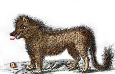 Föreställning av bete från Gevaudan, benen från hans offer utspridda runt hans ben Gravyr omkring 1764 (Biet från Gevaudan i en föreställning från 1764) Privat samling av Unbekannter Künstler