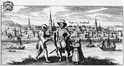 Riga - vy över staden från stranden av floden Daugava, ca 1700. av Unbekannter Künstler