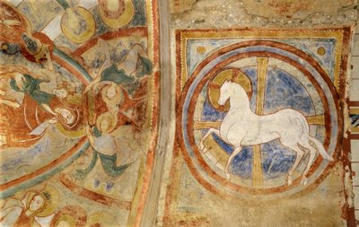 Romansk konst: Notre Dame-kyrkan i Montmorillon, Vienne, Poitou-Charentes (Poitou Charentes), Frankrike, fresker från kryptan till prinsessan Sankta Katarina av Alexandria, apokalypsens lamm presenterat som en häst. Fotografi av Unbekannter Künstler