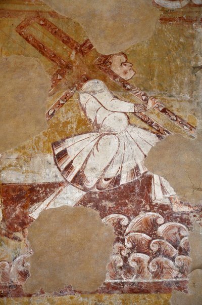 Romansk konst: Simon av Cypere bär Kristi kors. Detalj av freskerna i koret "La vie du Christ" (1200-talet) från kyrkan Saint Martin (Saint Martin av Unbekannter Künstler
