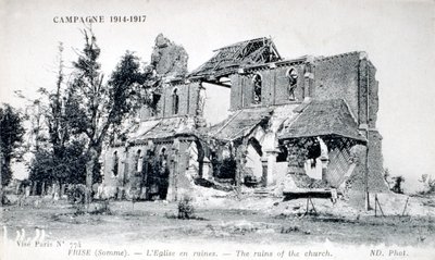 Ruiner av kyrkan i byn Frise, Somme, Frankrike 1914-1918 (vykort) av Unbekannter Künstler
