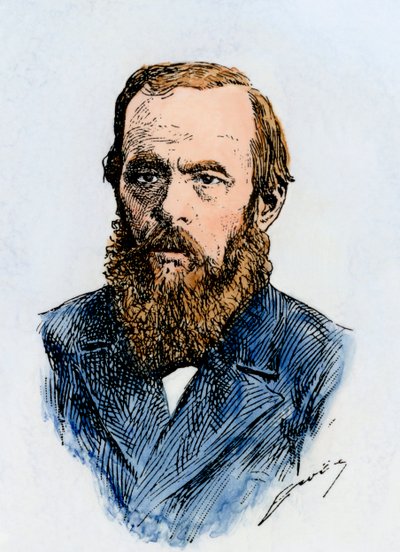 Den ryske författaren Fjodor Dostojevskij (1821-1881). Handkolorerat träsnitt av en 1800-talsillustration av Unbekannter Künstler