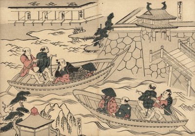 Samuraj korsar floden (vid Akasaka Mitsuke) i en båt på väg till Yoshiwaras nöjeskvarter. Träsnitt av Masanobu Okumura (1686-1764) från Fuzoku Emakimono, Picture Scroll of the Water Trade, Tokyo, nytryck cirka 1880. av Unbekannter Künstler