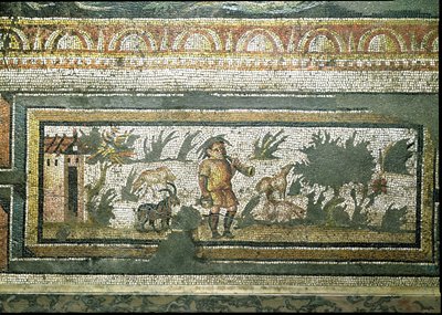 Scen av en getherde med sina getter, detalj av gränsen från en mosaikbeläggning som skildrar årstiderna och jaktscenerna, från Constantinian Villa i Daphne, Roman, c.325-330 AD (marmor, kalksten och glas) av Unbekannt