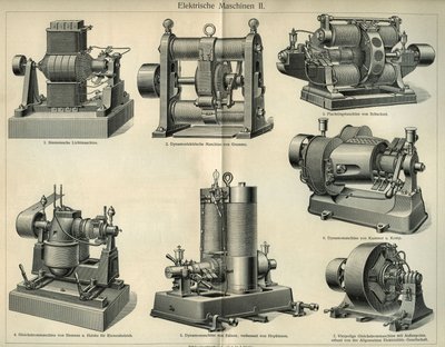 Vetenskaps- och tekniknämnd som representerar tyska elektriska maskiner. Illustration hämtad från "Meyers Grosses Konversations - Lexikon""" 1904. Bibliographers Institute, Leipzig och Wien av Unbekannt