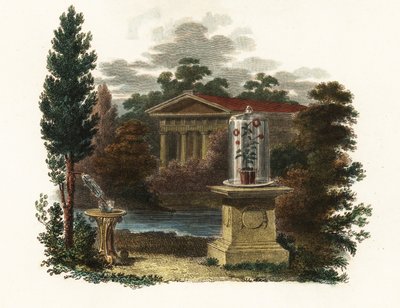 Vetenskapliga uppfinningar av Stephen Hales i en trädgård.1802 (gravyr) av Unbekannter Künstler