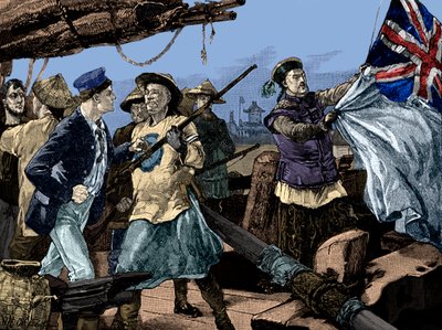 Andra opiumkriget: Kinesiska tjänstemän hissar ner brittisk flagga på fartyget Arrow av Unbekannter Künstler