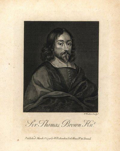 Sir Thomas Brown, engelsk universalgeni och författare inom vetenskap, medicin, religion och esoterik, död 1682. Kopparstick från William Richard