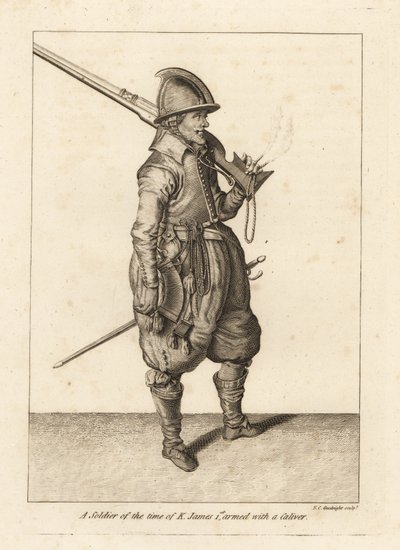 Soldat från kung James I:s tid beväpnad med en kalivare eller arquebus av Unbekannt
