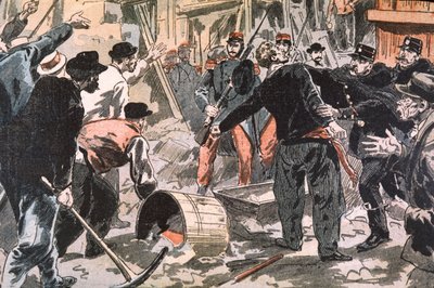 Kamp mellan bretonska grevister och polisstyrkor på en byggarbetsplats, Paris, tidigt 1900-tal (gravyr) av Unbekannter Künstler