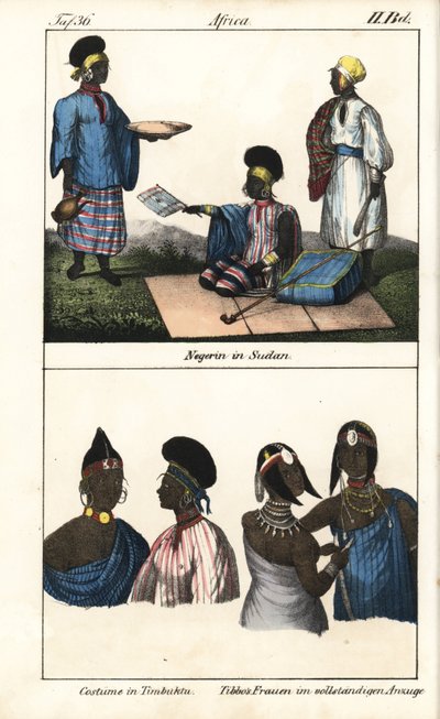 Sudanesiska kvinnor i randig klänning. Nedan demmes från Timbuktu (Mali) och Tibbo-kvinnor från Sahara. Litografi för boken: "Galerie complete en tableaux fideles des peuples d