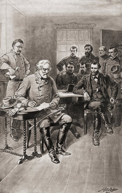 Robert E. Lee överlämnar sig till general Ulysses S. Grant, Appomattox Court House, Virginia, den 9 april av Unbekannter Künstler