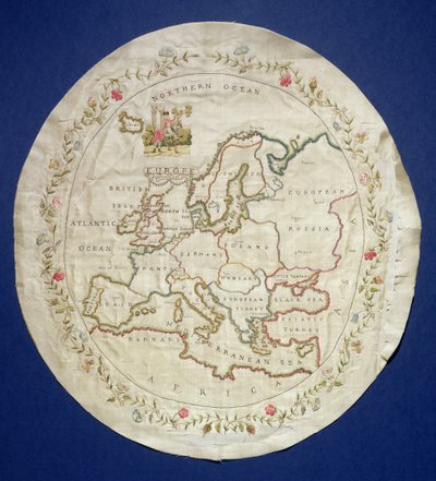 T.142-1938 Provtagare som visar en karta över Europa, engelska, sent 1700-tal (färgade sidentrådar på siden) av Unbekannt