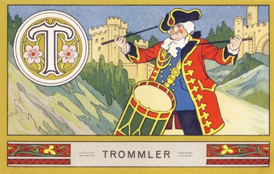 T : Trummis - Alphabet Palmin. Serie av kromolitografier redigerade av H. Schlinck & Cie, Hamburg, sid. d. . Annons för Palmins finaste kokosfett. Mått: 7 x 11 cm av William M. Timlin