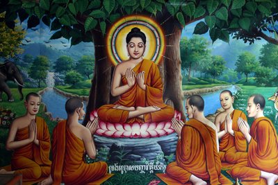 Tempelfresk föreställande Buddha med lärjungar. Kambodja av Unbekannt