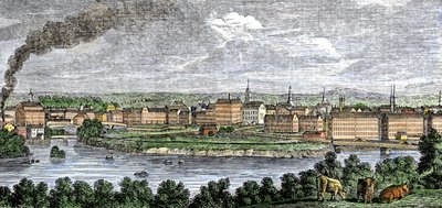 Textilfabriker längs floderna Merrimack (Merrimac) och Concord, Lowell, Massachusetts, USA på 1830-talet. Kolorerad gravyr från 1800-talet. av Unbekannter Künstler