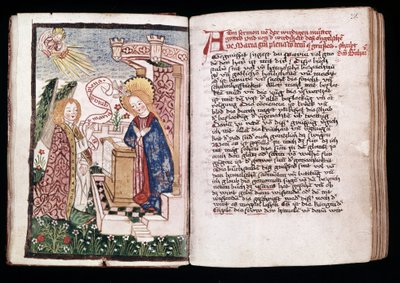 Bebådelsen, illustration från en "Timmarsbok" (vellum) av Unbekannt