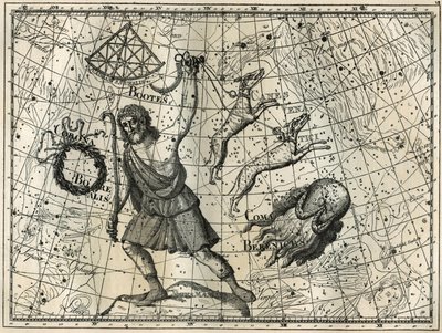 Bower, Boreal Crown, jakthundarna, Berenices hår. Gravyr från Camille Flammarions "The Stars and Other Curiosities of the Sky" av Unbekannt