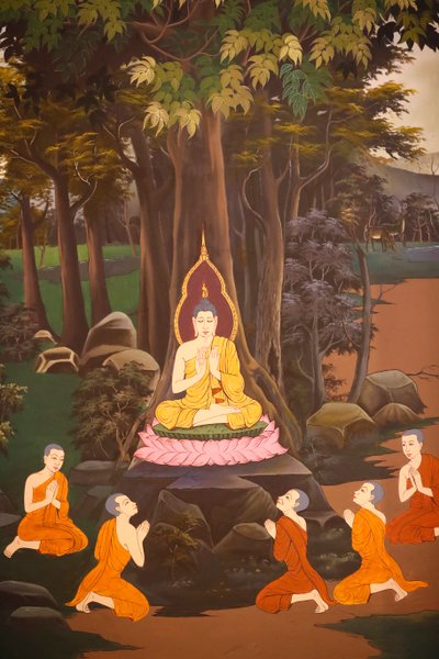 Buddha predikade sin första predikan för de fem munkarna, väggfresk, Wat Botum-templet, Phnom Penh, 2022 (foto) av Unbekannter Künstler