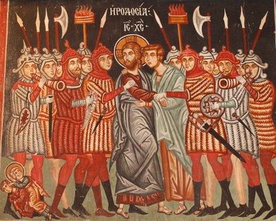 Den bysantinska fresken från 1400-talets Judas svek och arresteringen av Jesus Mikaels ärkeängelkyrka i Pedoulas Cypern Målade kyrkor UNESCO-plats Troodos, Cypern av Unbekannt