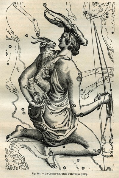 Coach of the Atlas of Hevelius (1690): Konstellationen Coach, som i höger hand håller en piska och renes och på vänster arm Chevre och två chevrals, är en av de äldsta i den grekiska sfären. Gravyr från Camille Flammarions ”Les ét av Unbekannt
