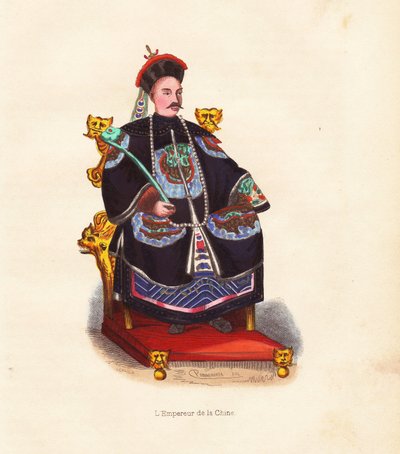 Kejsaren av Kina i broderad dräkt och hatt med påfågelfjäder sittande på sin tron. Handkolorerat träsnitt av Mercier efter en illustration av Pannemaker från Auguste Wahlens "Mores, Uses et Costumes de tous les Peuples du Monde", Librairie Hist av Unbekannter Künstler