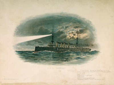 HMS "Terrible", en förstaklasskryssare, byggd av Barrow in Furness Shipbuilding and Arms Company 1897. Kromolitografi i slutet av 1800-talet, av W.S. Tomkin (). av Unbekannter Künstler