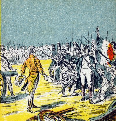 De hundra dagarna: Napoleon I Bonapartes nederlag mot Waterloo 1815. Gravyr i "Histoire de France". Serie reklambilder publicerade på uppdrag av Louit, 24 rue d
